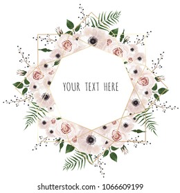 Vector floral design card. Greeting, postcard wedding invite template. Elegant frame with rose and anemone.