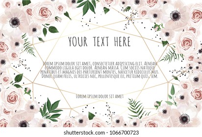 Vector floral design card. Greeting, postcard wedding invite template. Elegant frame with rose and anemone.