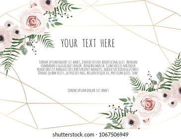 Vector floral design card. Greeting, postcard wedding invite template. Elegant frame with rose and anemone.