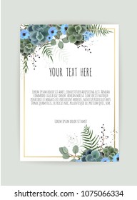 Vector floral design card. Greeting, postcard wedding invite template. Elegant frame with rose and anemone.