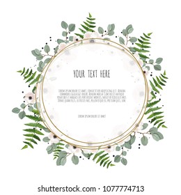 Vector floral design card. Greeting, postcard wedding invite template. Elegant frame with rose and anemone.