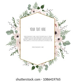 Vector floral design card. Greeting, postcard wedding invite template. Elegant frame with rose and anemone.