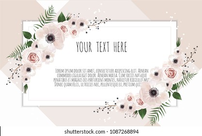Vector floral design card. Greeting, postcard wedding invite template. Elegant frame with rose and anemone.