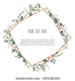 Vector floral design card. Greeting, postcard wedding invite template. Elegant frame with rose and anemone.