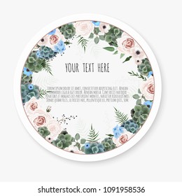 Vector floral design card. Greeting, postcard wedding invite template. Elegant frame with rose and anemone.