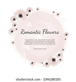 Vector floral design card. Greeting, postcard wedding invite template. Elegant frame with rose and anemone.
