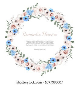 Vector floral design card. Greeting, postcard wedding invite template. Elegant frame with rose and anemone.
