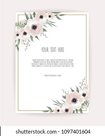 Vector floral design card. Greeting, postcard wedding invite template. Elegant frame with rose and anemone.