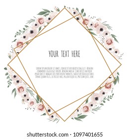 Vector floral design card. Greeting, postcard wedding invite template. Elegant frame with rose and anemone.