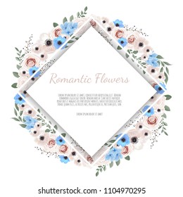 Vector floral design card. Greeting, postcard wedding invite template. Elegant frame with rose and anemone.