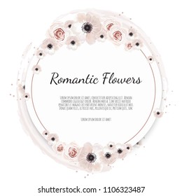 Vector floral design card. Greeting, postcard wedding invite template. Elegant frame with rose and anemone.