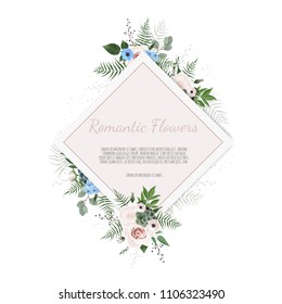 Vector floral design card. Greeting, postcard wedding invite template. Elegant frame with rose and anemone.