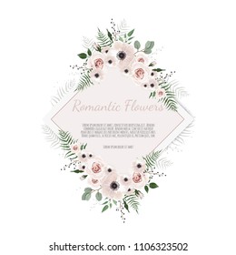 Vector floral design card. Greeting, postcard wedding invite template. Elegant frame with rose and anemone.