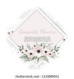 Vector floral design card. Greeting, postcard wedding invite template. Elegant frame with rose and anemone.
