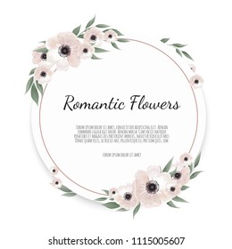 Vector floral design card. Greeting, postcard wedding invite template. Elegant frame with rose and anemone.