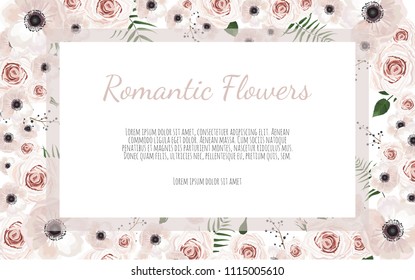 Vector floral design card. Greeting, postcard wedding invite template. Elegant frame with rose and anemone.