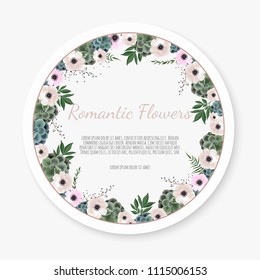 Vector floral design card. Greeting, postcard wedding invite template. Elegant frame with rose and anemone.