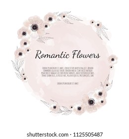 Vector floral design card. Greeting, postcard wedding invite template. Elegant frame with rose and anemone