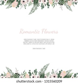 Vector floral design card. Greeting, postcard wedding invite template. Elegant frame with rose and anemone