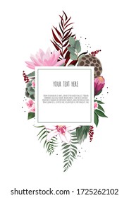Vector floral design card. Greeting, postcard wedding invite template. Elegant frame with lotus and anemone