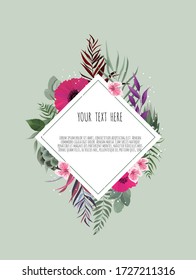 Vector floral design card. Greeting, postcard wedding invite template. Elegant frame with rose and anemone