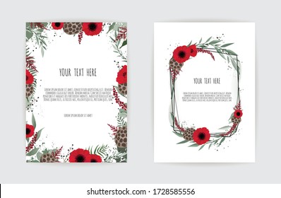 Vector floral design card. Greeting, postcard wedding invite template. Elegant frame with rose and anemone