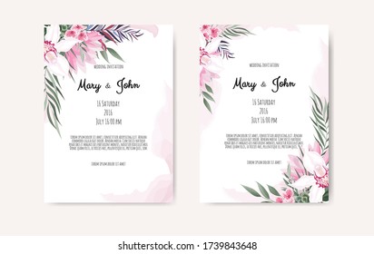 Vector floral design card. Greeting, postcard wedding invite template. Elegant frame with rose and anemone