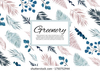 Vektor-Blumendesign-Karte. Gruß, Postkarte Hochzeit Einladung Vorlage. Eleganter Rahmen mit blauen und rosafarbenen Blättern.