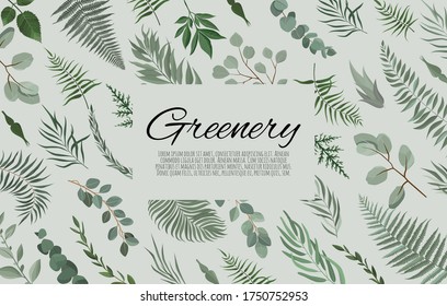 Vektor-Blumendesign-Karte. Gruß, Postkarte Hochzeit Einladung Vorlage. Eleganter Rahmen mit grünen Blättern