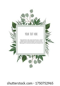Tarjeta de diseño vectorial floral. Saludo, plantilla de invitación a boda con postcard. Marco elegante con hojas verdes