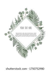 Vector floral design card. Greeting, postcard wedding invite template. Elegant frame with green leaves