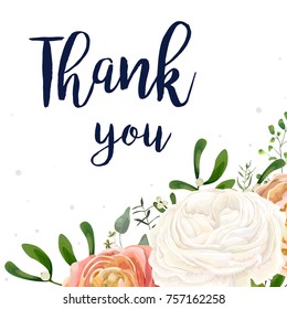 Vector floral design card. Peach pink white garden Ranunculus flowers, Eucalyptus branch, mistletoe leaves, bouquet. Greeting postcard, wedding invite. Elegant Frame border. "Thank you" text lettering