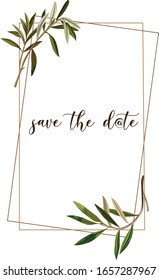 Vektorillustration Blumendesign-Karte mit grünen Blättern Zweig-Pflanzen. Natürlicher botanischer Gruß Einladung Hochzeit einladen. Geometrischer, brauner Rahmen und Kopienraum