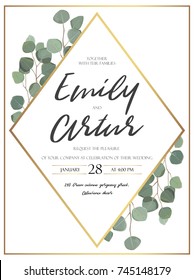 Vector floral design card with watercolor eucalyptus tree green leaves branch plant greenery. Natural botanical Greeting wedding invitation invite. Geometrical rhombus golden Frame border & copy space