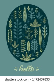 Vector floral design with cute herbs and leaves. Template for card, poster, flyer, home decor and other use.
