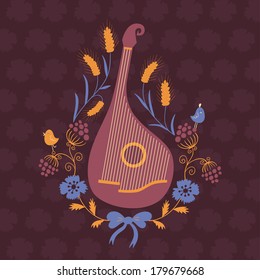 Vector floral design element with musical instrument kobza. Summer theme illustration