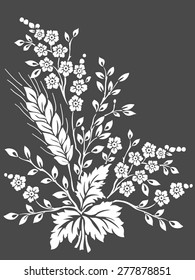Vector floral design element for page decoration. Flowers with ear of wheat. On the dark background.