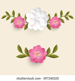 Vector floral design element for page decoration. Flowers with leaves. On the light background. Elegant flower composition. Volumetric flowers.