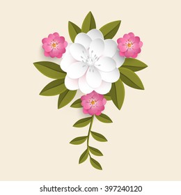 Vector floral design element for page decoration. Flowers with leaves. On the light background. Elegant flower composition. Volumetric flowers.