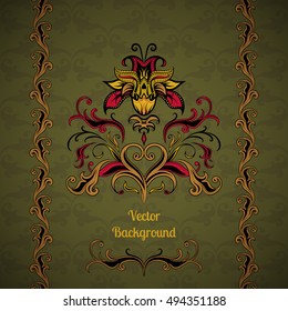Vector floral design element with red, brown, green, yellow shades.  Dark background. Ethnic motifs