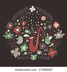 Vector floral design element with saxophone and birds. Spring pattern for your design