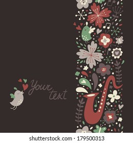 Vector floral design element with saxophone and birds. Spring seamless pattern for card design with a place for your text