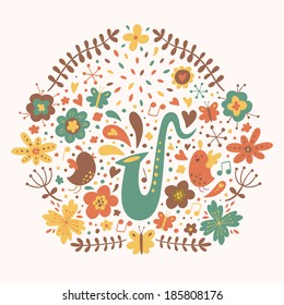 Vector floral design element with saxophone and birds. Summer theme pattern for your design