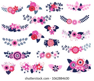 Vector floral design elements in blue, red and pink colors - flower bouquets for wedding invitations and greeting cards