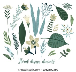 Vector floral design elements. Leaves, flowers, grass, branches, berries.