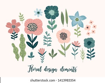 Vector floral design elements. Leaves, flowers, grass, branches, berries. Vector illustration.