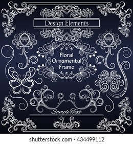 Vector floral design elements on dark blue background. Making postcards, letters, documents, invitations, posters