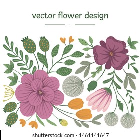Vector floral design. Flat trendy illustration with flowers, leaves, branches. Meadow, woodland, forest clip art. Flat trendy background