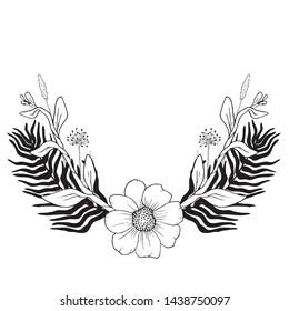 Vector floral design frame with flowers and leaves. Vector floral template on white background.Hand-drawn flower. Design greeting card and invitation of holiday. Line art vector illustration.