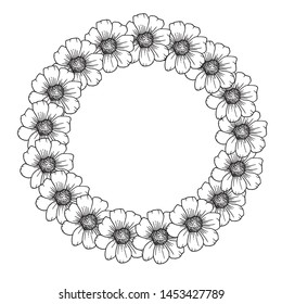 Vector floral design frame with flowers and leaves. Vector floral template on white background.Hand-drawn flower. Design greeting card and invitation of holiday. Line art vector illustration.